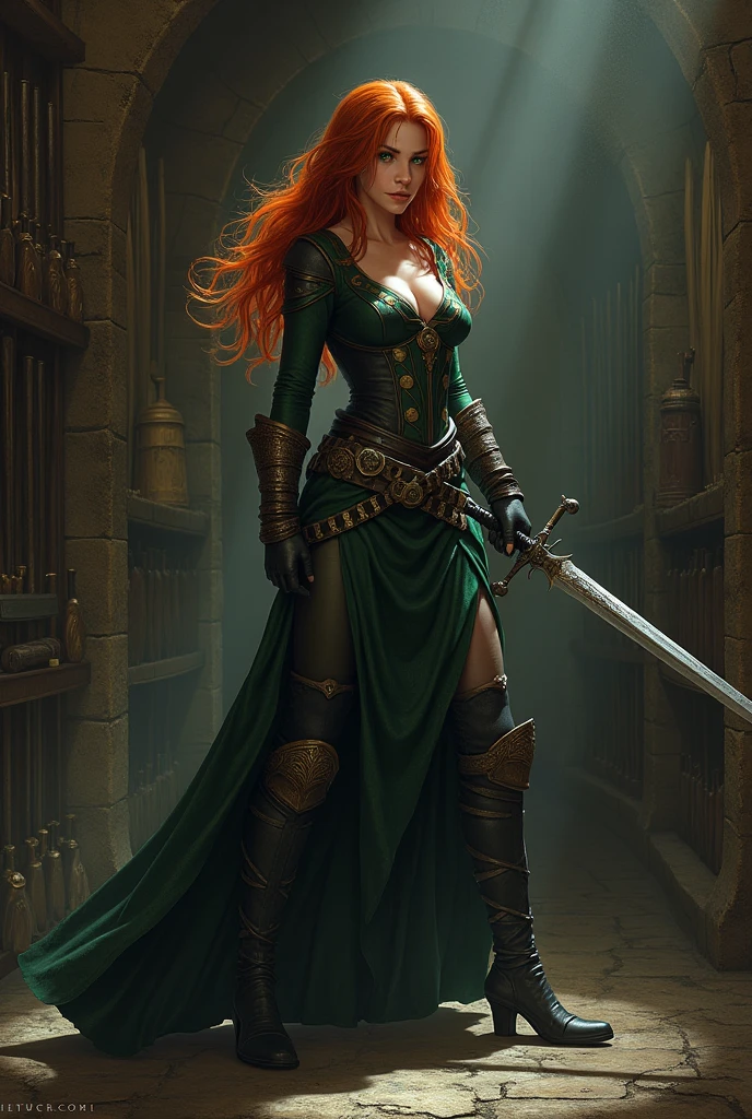 Triss Merigold from the videogame The Witcher in sexy pose with sword in hand in weaponroom of a middleaged castle