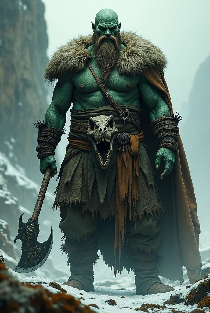 Like a Viking with a dark green skin color, wearing a t-rex skull and holding an axe You have clothes on