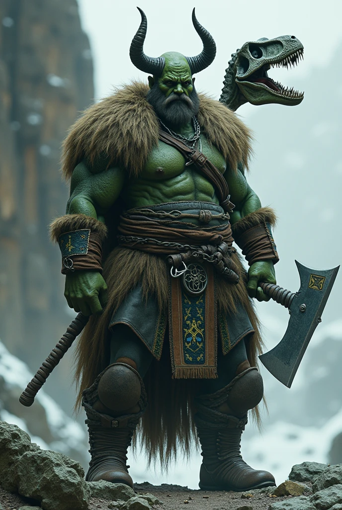 Like a Viking with a dark green skin color, wearing a t-rex skull and holding an axe You have clothes on