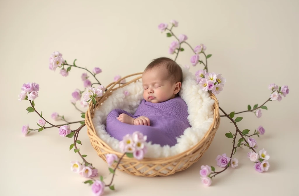 a close up of a baby wrapped in a blanket in a basket surrounded by flowers, wrapped in flowers, violet colored theme, draped in purple, wrapped in cables and flowers, by Arabella Rankin, photo pinterest, photo of a beautiful, by Lucia Peka, by Silvia Pelissero, purple themed, bed of flowers on floor, dreamy and detailed