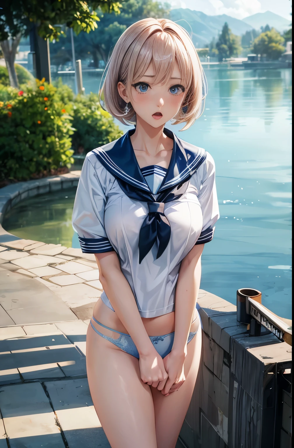 Adult anime woman in short sailor blouse and light blue panties posing near body of water. exposed belly, exposed thighs, exposed legs, light blue lace thong, high waist thong, digital rendering, realistic schoolgirl, Kantai Collection Style, soft anime cg art, attractive anime woman. Blushed face, Scared face, open mouth, belongings placed on the wall, 2d anime style