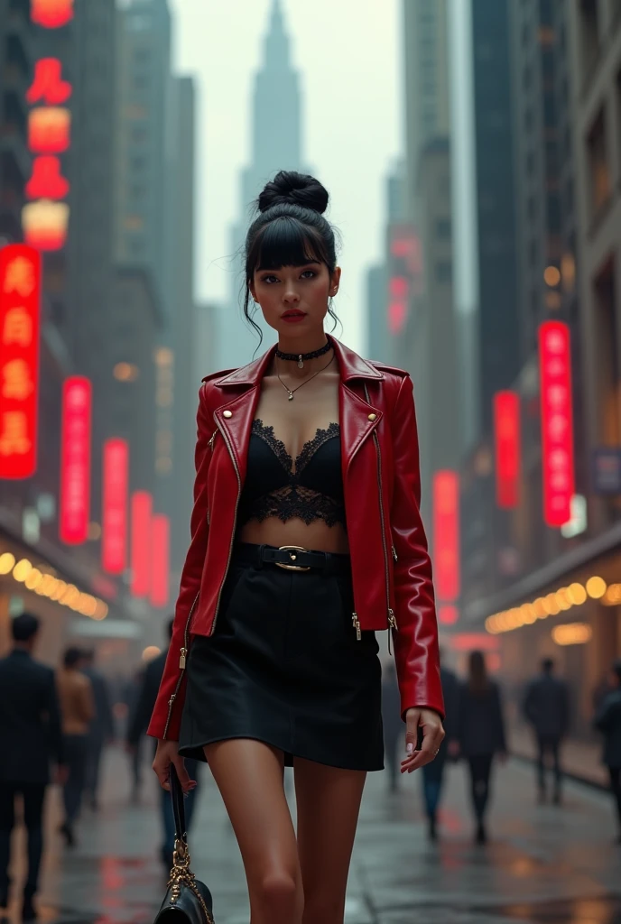 ((masterpiece)), (best quality), realistic, beautiful, ((super detailed face)), great lighting, (((super detailed))), sharp colors, sharp focus.
(Audrey Hepburn), a young black-haired Italian woman, with (stylish and messy black hair tied in a bun).
Sexy modern business fashion. ((short red leather jacket with black lace on the collar, ((black lace top)), black lace socks, short black skirt with black belt, strappy high heels)).
Standing, walking through the busy streets of an ultra-modern Gothic metropolis, looking at the sights.