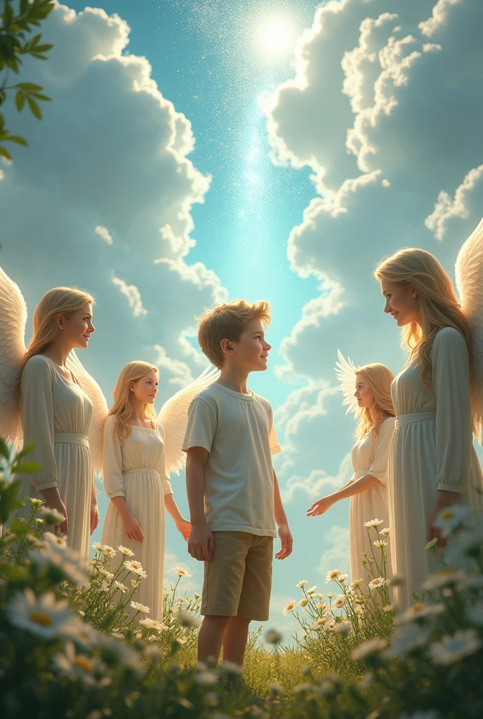 (photorealism:1.2) ( masterpiece ) ( highly detailed) a amazing  boy with angels in garden , diamond clouds realism , 8k , HD.