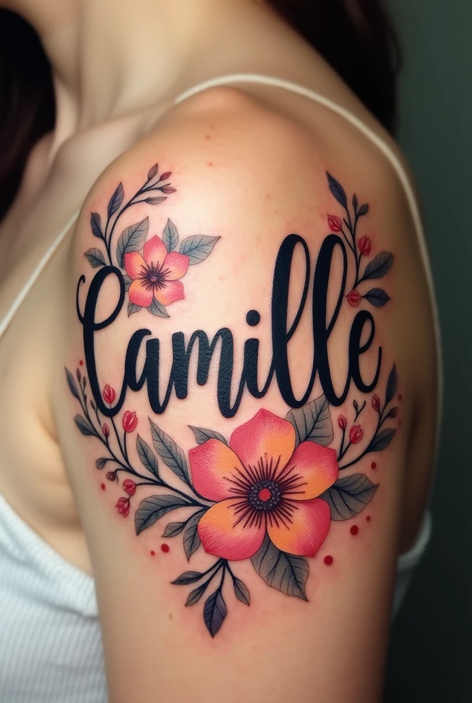 tattoo, first name camille, fleurs