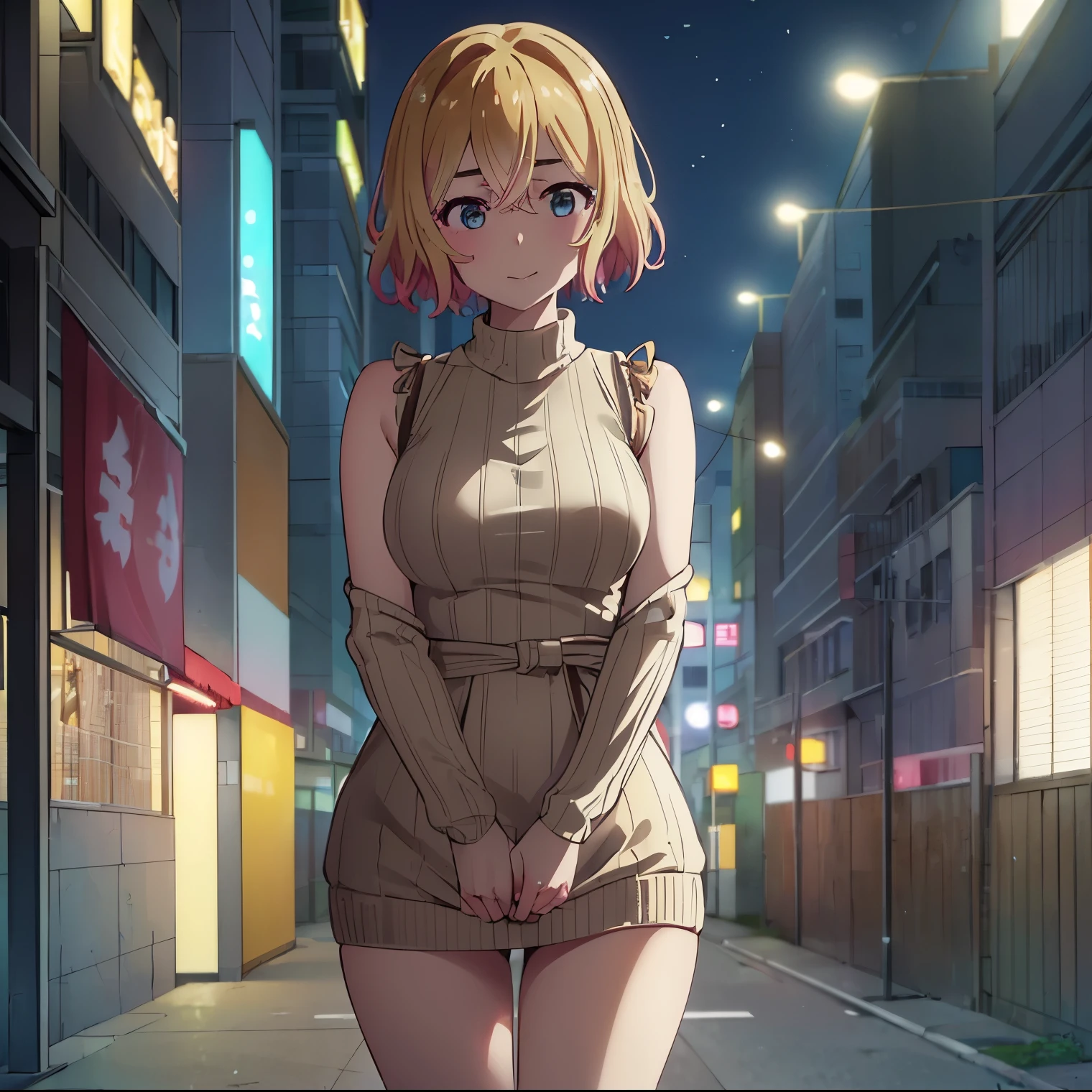 ((1 girl)),((solo)),mami nanami, Ultra detailed, sharp focus, detailed background, detailed eyes, Masterpiece, Dynamic posture, curvy body, Perfect fingers, cowboy shot, hands on waist, looking at viewer, short hair, aquamarine eyes, blonde hair, hair between the eyes, medium breasts, narrow waist, wide hips, wide thighs, ((dull yellow sweater dress, ribbed sweater, bare arms, bare legs, brown sneakers) ), ((alone)),((Standing:1.4, outdoors, cityscape, Japanese city, good lighting, mild climate)), Oblique, blushing, seductive expression, smile, mouth closed, Dutch angle, looking forward, ((focus on breasts)), pov (from middle), perfect anatomy, perfect hands