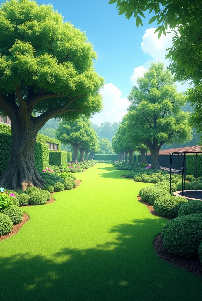 Un jardin de 20 mètres de long et 12 mètres  de large. Sur la gauche deux grand arbres. À droite un espace paysagé allant jusqu’au milieu intégrant buisson arbres et fleurs. Au fond à droite un trampoline. 