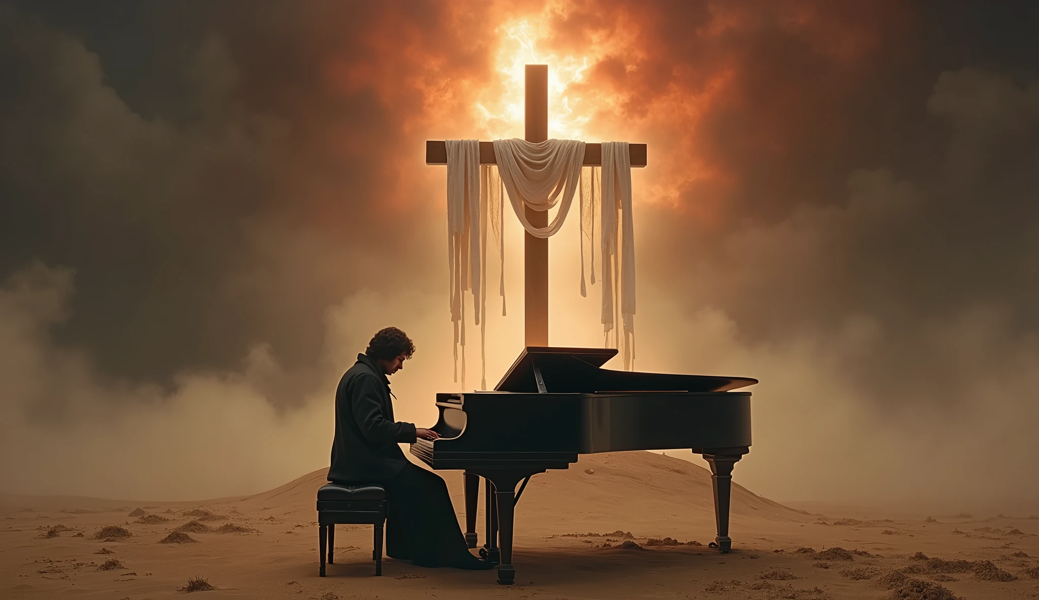 a pianist playing piano in middle apocalyptic sand, dust and smoke, The image depicts a powerful scene with a solitary wooden cross, standing majestically atop a platform surrounded by swirling mists. A white cloth is draped over one arm of the cross, catching the light from within the structure, which shines outward, piercing the surrounding darkness. The atmosphere is ethereal and mystical, set against a red rose of a dark, stormy sky, suggesting a moment of divine significance or spiritual revelation. The overall mood is solemn and awe-inspiring, evoking a sense of reverence and mystery.