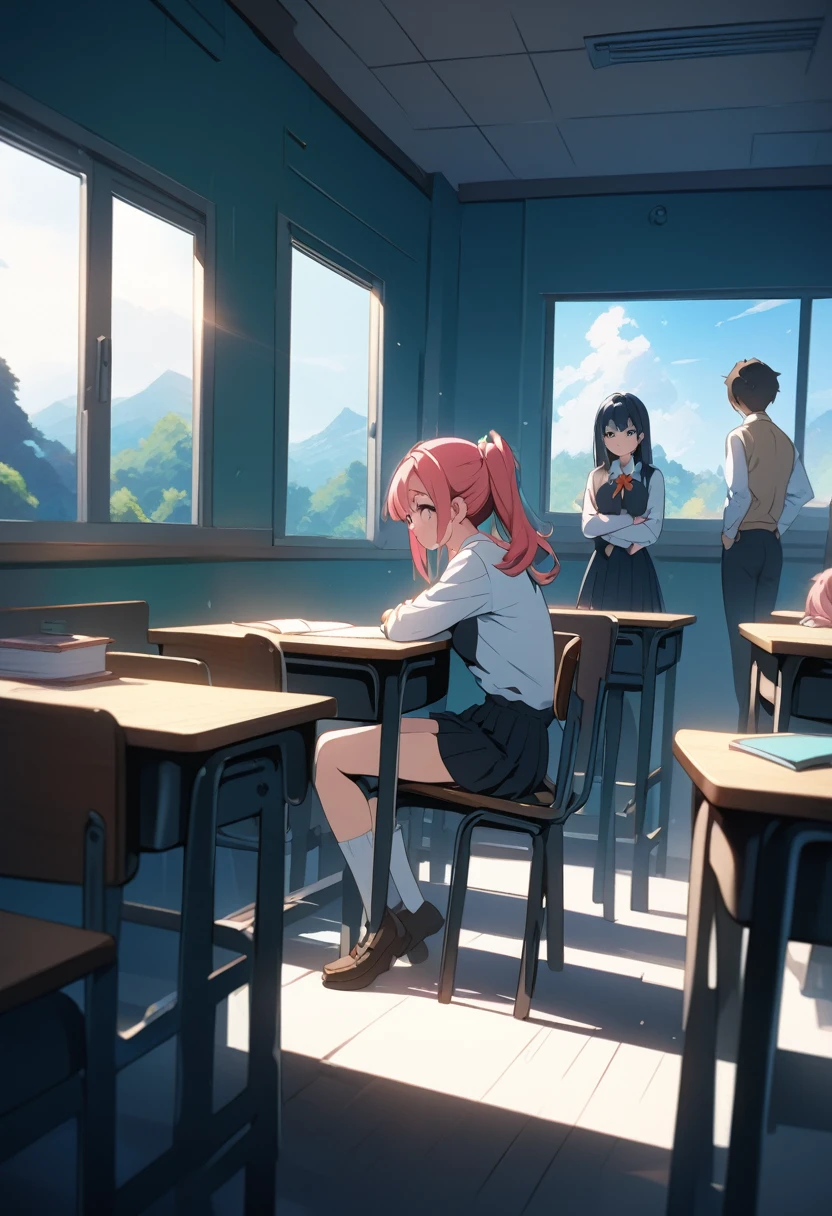 anime style, classroom scene students sitting at desks staring at the teacher, 4k, very detailed, bright vivid colors, 8k, full hd