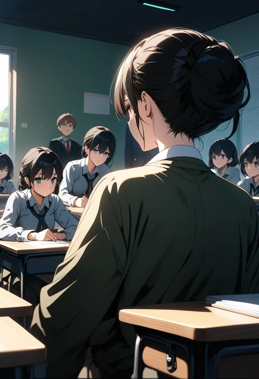 anime style, classroom scene students sitting at desks staring at the teacher, 4k, very detailed, bright vivid colors, 8k, full hd