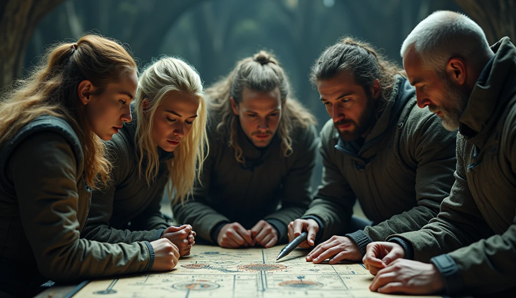 a group of 5 dragon hunters, 2 females a blonde a brunette and 3 males, studying a tactical strategy, highly detailed, cinematic, dramatic lighting, muted colour palette, masterpiece, 4k, photorealistic, concept art style