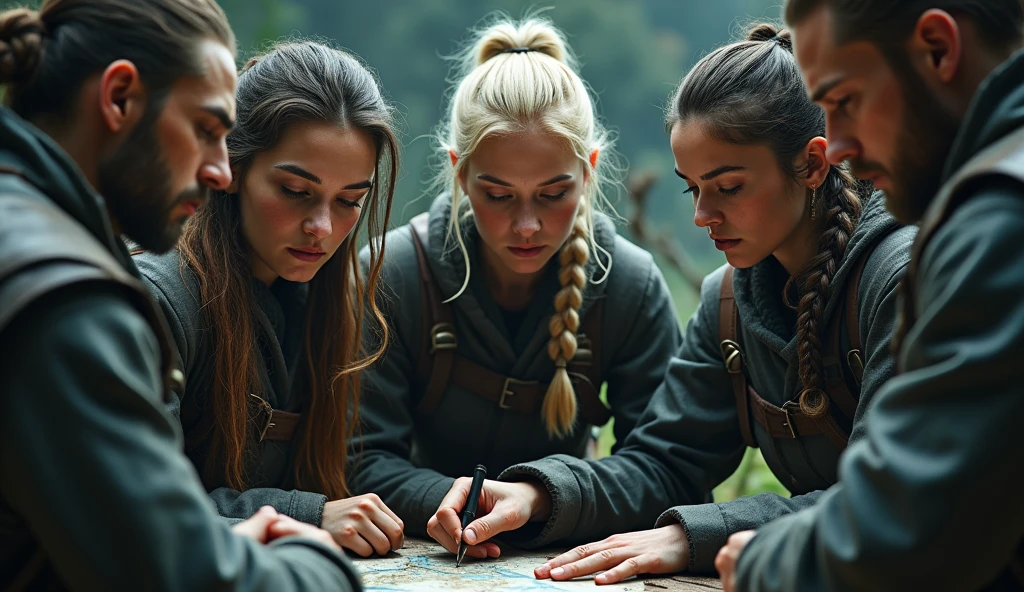 a group of 5 dragon hunters, 2 females a blonde a brunette and 3 males, studying a tactical strategy, highly detailed, cinematic, dramatic lighting, muted colour palette, masterpiece, 4k, photorealistic, concept art style