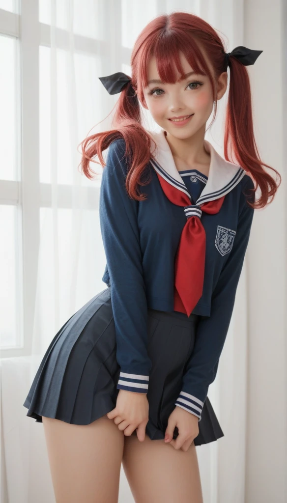 UltrarealismAccuracy, textured leather, Realistic anatomy,similar to Lyvlas 1 girl,schoolgirl, Breasts, blushing, twintails, ruby hair, bang, bang на глаза, front view, looks at the viewer, Smile, Parted lips, Double tails, hair ribbon, Hood thrown back,schoolgirl uniform,anime style