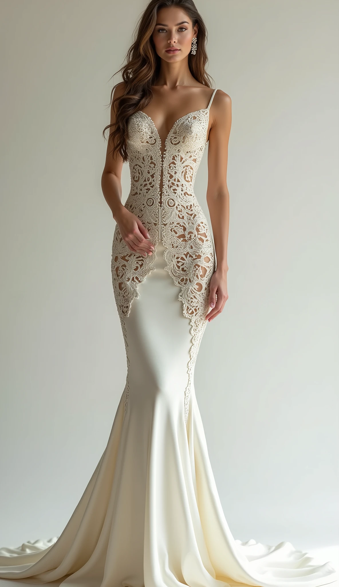 Haute_Couture beautiful American woman posing in a huge dress, in the style of intricate cut-outs, ruslan lobanov, meticulous attention to detail, ivory, briana mora, hand-painted details, streamlined design