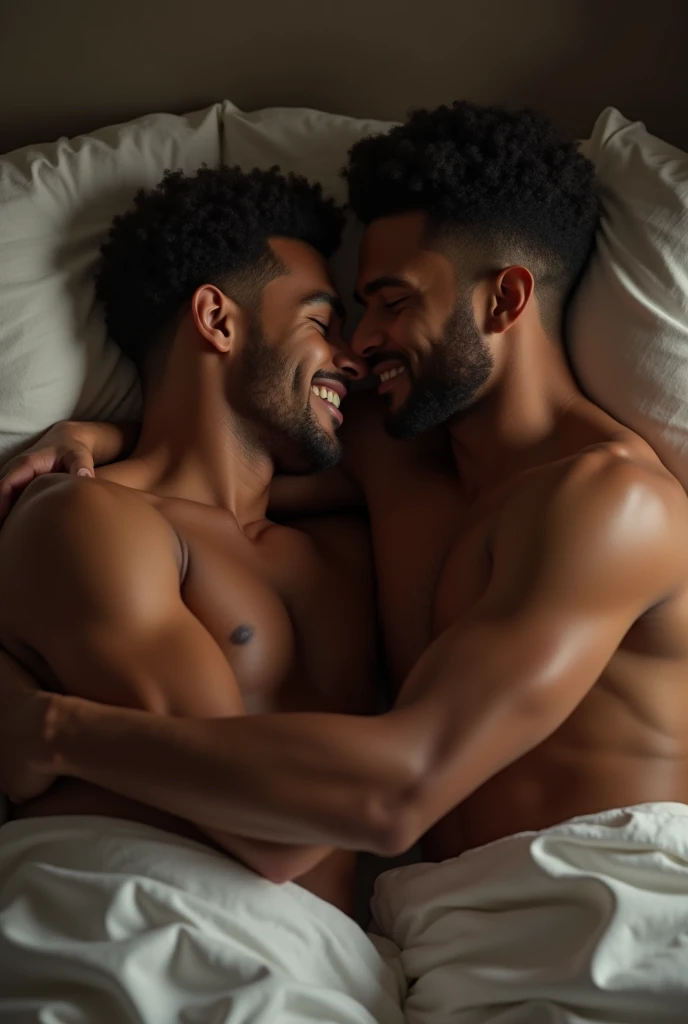 Gay couple, with a black man (groom) and a brown man with short hair (bride) hugging in bed shirtless