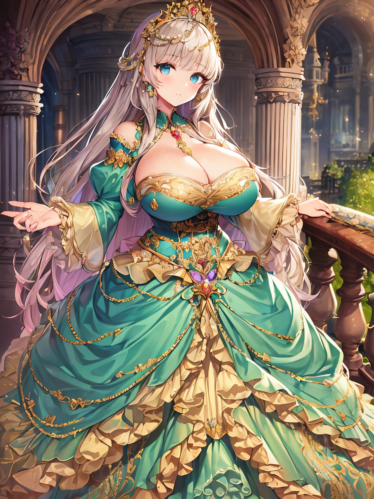 moe anime artstyle,Masterpiece,Best Quality,Super Detail,(Very Delicate and Beautiful),Solo,full body,((full body portrait)),absurdly gigantic tits,(((1 bling-bling princess in beautiful embroidery and jeweled gorgeous rococo ballgown with voluminous full length crinoline hoop skirt))),(((absurdly gigantic tits,absurdly gigantic breast))),deep cleavage,curvy,Skindentation,((detailed face and eyes)),jewel-like eyes,((crinoline,long train)),beautiful embroidery and jeweled rococo ballgown with voluminous full length crinoline hoop skirt,voluminous rococo ballgown with voluminous full length crinoline hoop skirt,((bling-bling voluminous rococo princess ballgown with voluminous full length crinoline hoop skirt)),((absurdly long Straight hair)),extremely gorgeous hair ornament,((extremely gorgeous big tiara)),luxurious jewelry,(((beautiful embroidery and jeweled gorgeous rococo ballgown with voluminous full length crinoline hoop skirt))),(absurdly gigantic tits,absurdly gigantic breast),(((outdoor,garden))),Looking at viewer,((full body))