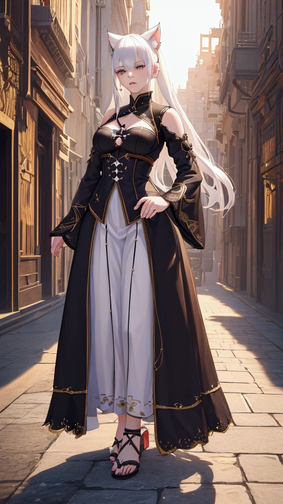 1girl, white hair, white eyes, cat ears, sidelighting, fate (series), genshin impact, detailed facial features, beautiful detailed eyes, beautiful detailed lips, long skirt, empty background, full body, sandals, (best quality,4k,8k,highres,masterpiece:1.2),ultra-detailed,(realistic,photorealistic,photo-realistic:1.37),digital painting,intricate details,vivid colors,dramatic lighting,cinematic composition,fantasy,anime style