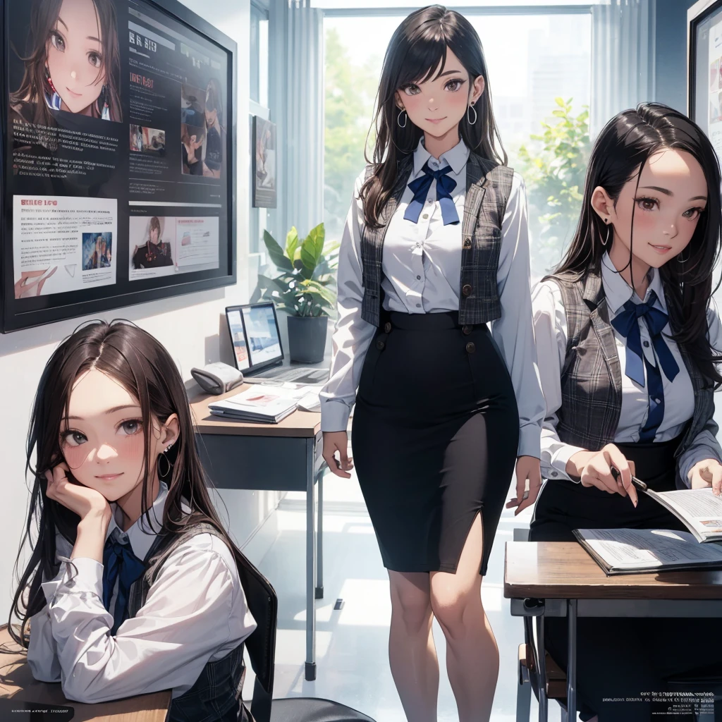 (Best Quality, Masterpiece),Wearing a pink plaid vest, White short sleeved shirt, Gray pencil skirt, Wear stiletto heels, Necklace, earrings, Cute face, Smile, Blushing, Shyness, Glass wall, Ultra Detail, Realistic, Front view, Whole body, stunning, cute, warm smile, hourglass figure, apron, text, chart, advertising, magazine title(Best Quality, Masterpiece), Mag((((1ladyl,)))) (masterpiece), (realistic), (best quality), (ultra-detailed), (wearing in [[white and gray check pattern]] Vest worn over white collared long-sleeved shirt:1.4), (gray vest with buttons:1.2), (Pink Theme:1.2), (blue ribbon ribbon:1.3), (Black theme:1.4), (Tight black pencil skirt:1.5), ((Brown pantyhose)), (high-heels:1.1),longskirt,office desk, office chair,Lulubre Unity 8K Wallpaper, pantyshot, long brown hair, office lady Magazine Cover, 1girl,  amazing, girl, 30 years old, house wiife, warm smile, hourglass figure, text, chart, advertising, magazine title