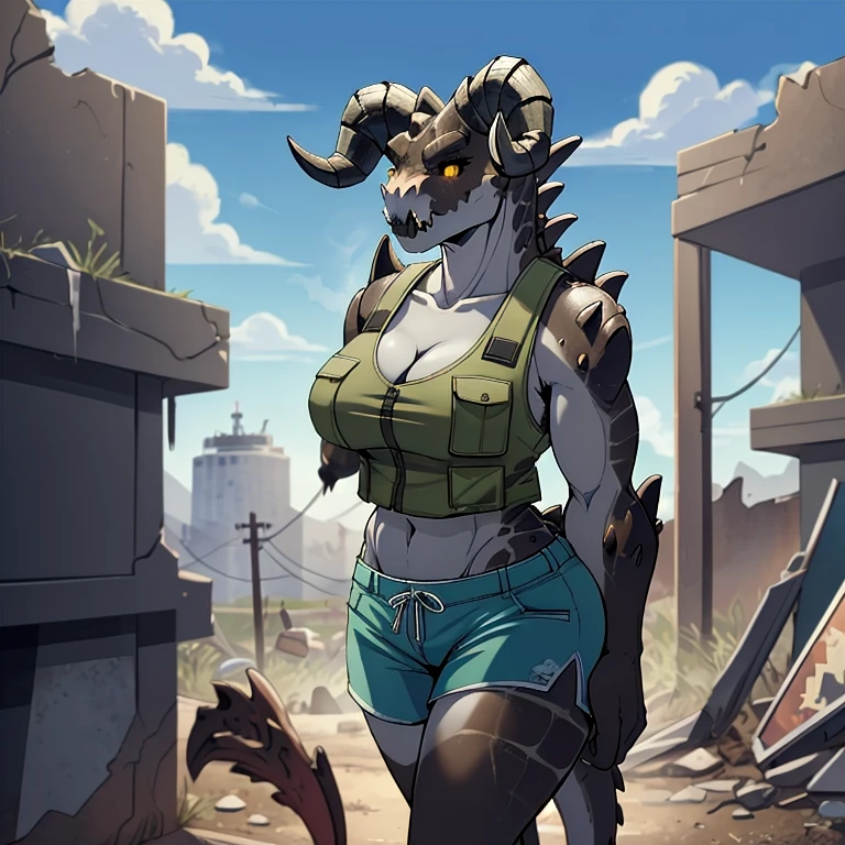 ((Masterpiece 4k)),Solo, score_9,score_8_up,score_7_up, source_anime, aegis, kemono style, aegis, Anthro reptile girl, snout, (green scaled skin) (cute female face), yellow eyes, black lips, black ram horns, tail, black lips, tall, Anthro deathclaw from fallout, deathclaw girl, (best quality), (4k), bulletproof vest, holding a rusty gun, blue shorts, in a ruined city,