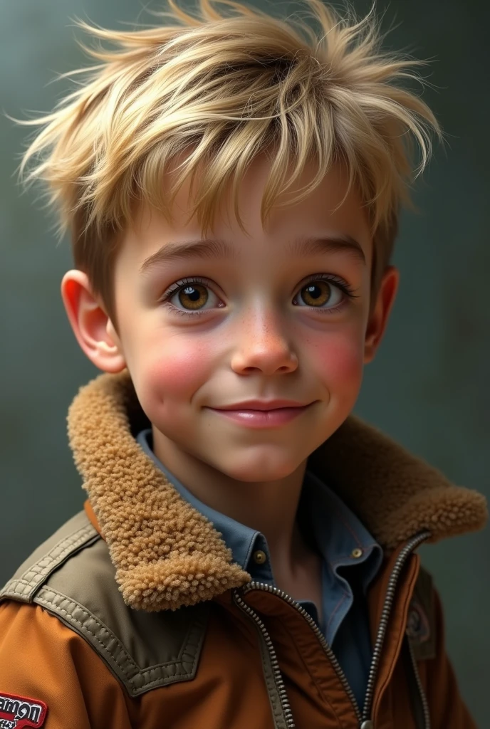 A realistic male  wearing a flight jacket and looking me in the eyes. Is hat blonde wuschelige Harre. brown eyes.