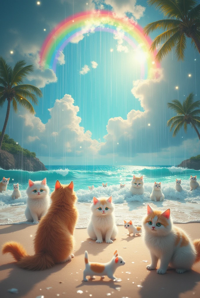 i want to create an image in a beach with storm of cats, i want rainbow in the image and cute cats
put more cats in the rain of cats.
put more cats in the storm