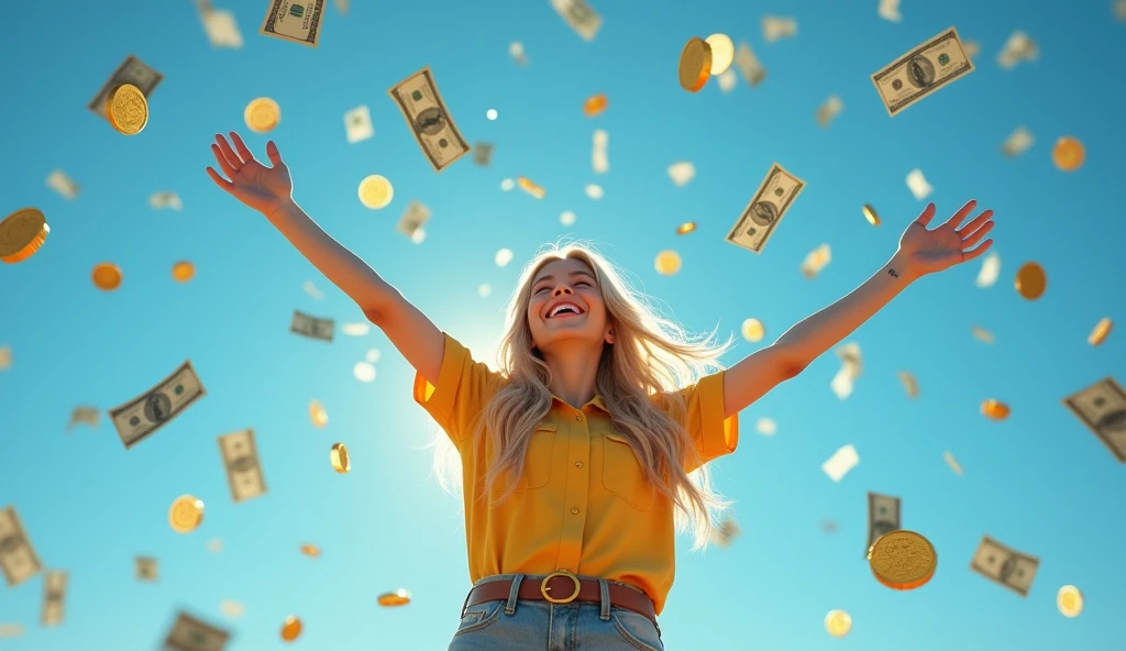 Photorealistic、Ultra HD、Blonde zookeeper happy with arms raised in the air、Blonde zookeeper smiling with her mouth open、Bills and gold coins are falling from the sky、blue sky
