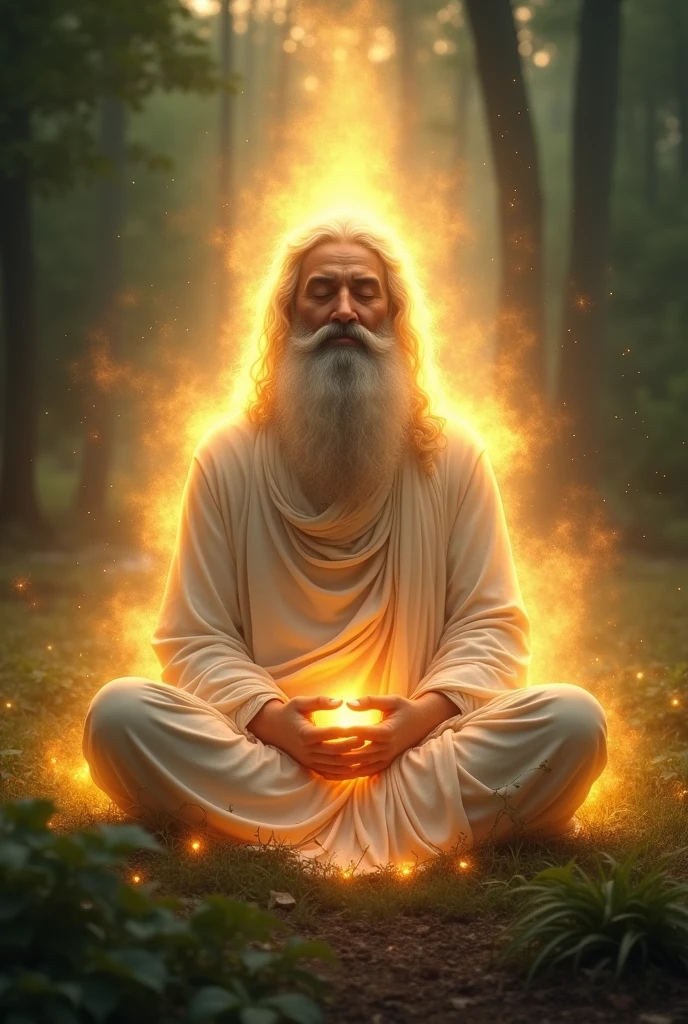 Spiritual Aura** - A glowing, peaceful aura surrounding the meditating rishi.