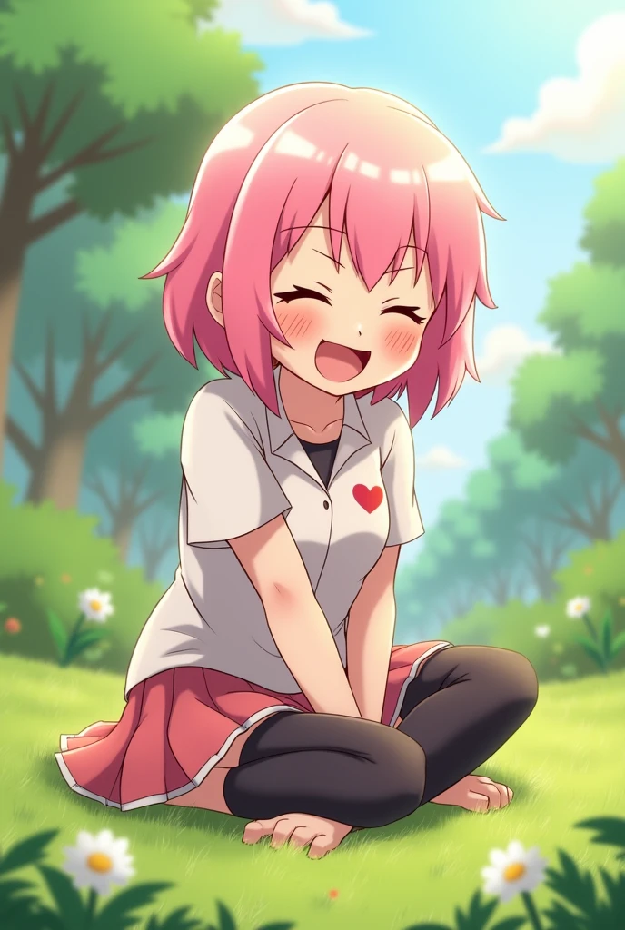 best quality, 1girl, sayori, portrait, solo, (light blush:0.5), (blush:0.2), short hair, pink hair, blue eyes, (small breasts:1.2), smile, (petite:0.5), 14 years old, (loli:1.7), sketch, (pink t-shirt:1.5), no bra, hair bow, red bow, (blue skirt:1.3), (nipple outline:0.9), (covered nipples:1.6), sunlight, sun beams, sitting on grass, sitting down, park, surrounded by flowers, (evening setting), sweet expression, (sfw:0.7), (ecchi:1.2), happy, (white panties:1.4)