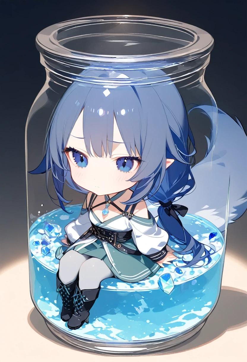 1girl, solo, bangs, hair braided in a low long ponytail, long blue fox ears, grey blue bodysuit, gray big pants, high boots, big fox fire blue tail, dark blue hair, dark blue eyes, sad look, straps on the chest, straps on the waist, short gray-green skirt. Sits in a jar of water. Water. Crystals 