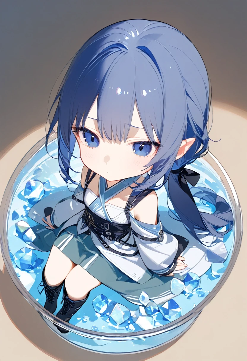 1girl, solo, bangs, hair braided in a low long ponytail, long blue fox ears, grey blue bodysuit, gray big pants, high boots, big fox fire blue tail, dark blue hair, dark blue eyes, sad look, straps on the chest, straps on the waist, short gray-green skirt. Sits in a jar of water. Water. Crystals 