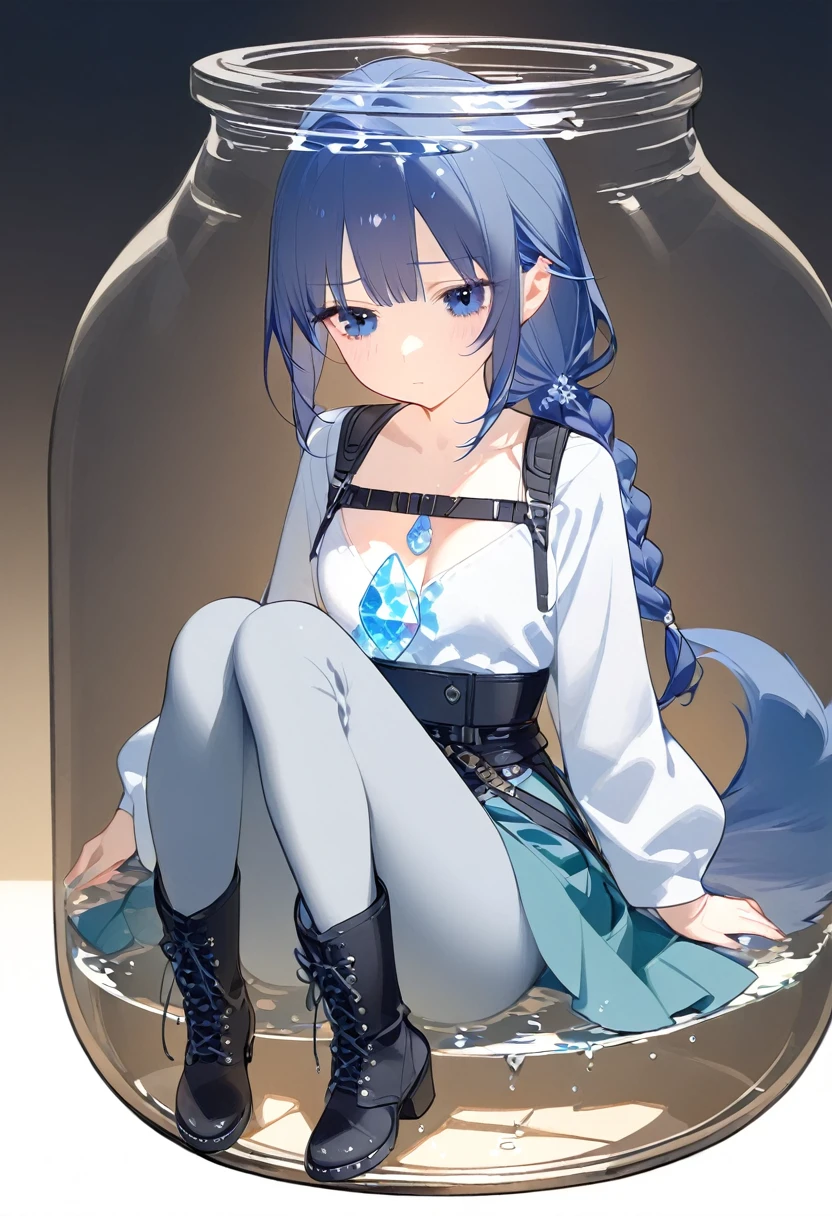 1girl, solo, bangs, hair braided in a low long ponytail, long blue fox ears, grey blue bodysuit, gray big pants, high boots, big fox fire blue tail, dark blue hair, dark blue eyes, sad look, straps on the chest, straps on the waist, short gray-green skirt. Sits in a jar of water. Water. Crystals 