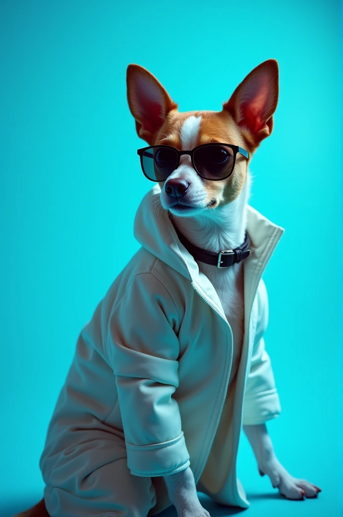The best cell phone wallpaper, Award-Winning Wallpaper, portrait photography, In the front view is a portrait of a cute dog wearing mid-1960s space age fashion, Side view photo, Shot with Canon EOS R5, Set a strong contrast that accentuates the subject, Fluorescent blue tone, Wearing a very modern coat and sunglasses is a modern 1960s style, Clothes all in one color, beautiful background