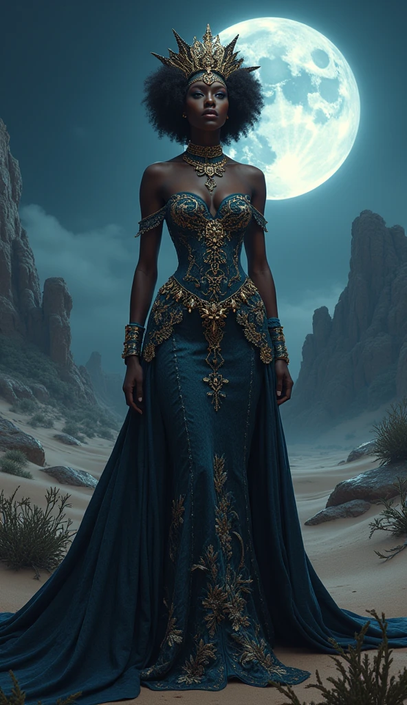black woman model in queen attire in an enchanted dessert at midnight with the moon shining"