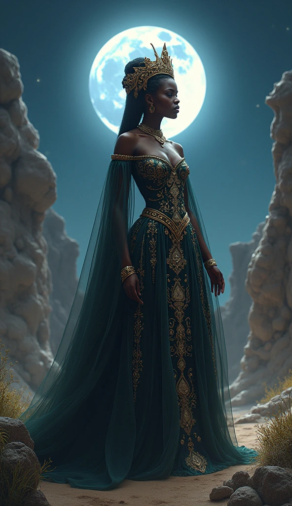 black woman model in queen attire in an enchanted dessert at midnight with the moon shining"