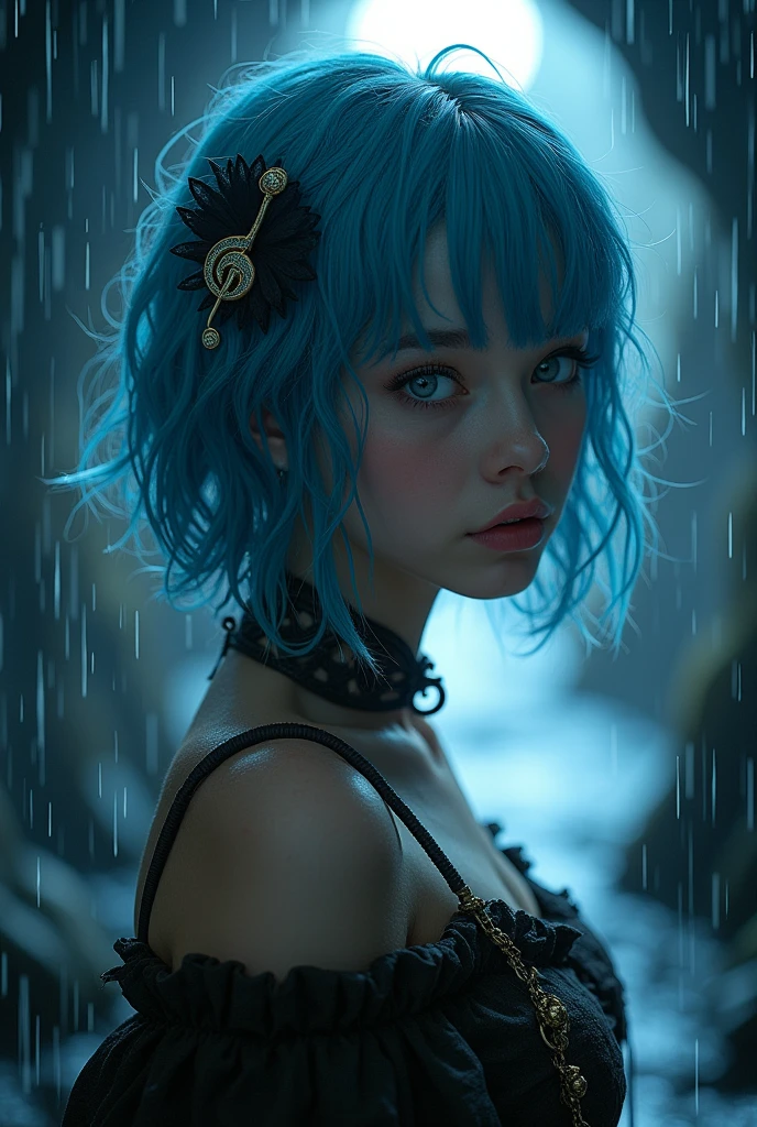 (Beautiful girl on logl:1.3), viking clothes, full moon ,Masterpiece, highest quality, 1girl, Harajuku fashion coordination girl, (Puella Magi Madoka Magica, Sayaka Miki, blue hair, blue eyes, short hair,), musical note hair ornament, rain outside, intricate hair, best illumination, (best shadow, an extremely delicate and beautiful, bloom), masterpiece, best quality:1.1, realistic:1.3, cinematic lighting:1.2, in the dark cavern:1.5, ultra photoreal, photorealistic:1.0, sharp focus:1.1, depth of field:1.1, 50mm, style of Nathan Wirth, Hasselblad X1D II, Porta 160