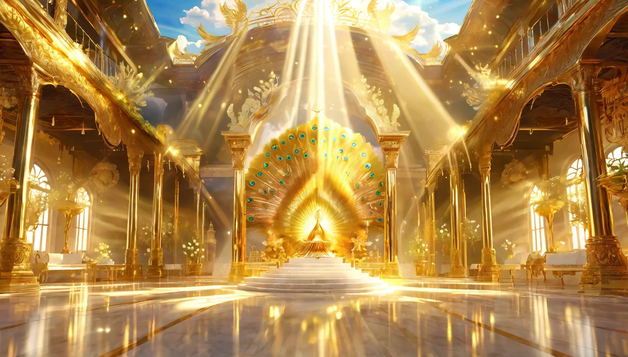 Very beautiful photo of a golden peacock、A dazzling light that paints everything in gold、god々area、Digital Art, The clouds clear and the shining sun appears, On Ascension Day,Golden Sun、Sky City、god々Utopian、There is one relic。Lens flare、Angel Ladder、Super Detail,Highest quality,masterpiece,(32K),Very detailed,A wonderful work of art,The picture is clear,Golden light on background, Angels who are the sons of God presents themselves before the Lord. Straight path like transparent golden crystal, long white table with many chairs on each side and at the end a large golden throne with rays and flowers on each side of the path, rose, buildings with Mo the golden transparent glass, war angels on the sides with lots of light. 32K UH, detailed, High resolution, Hyperrealistic, Style Raw, masterpiece.