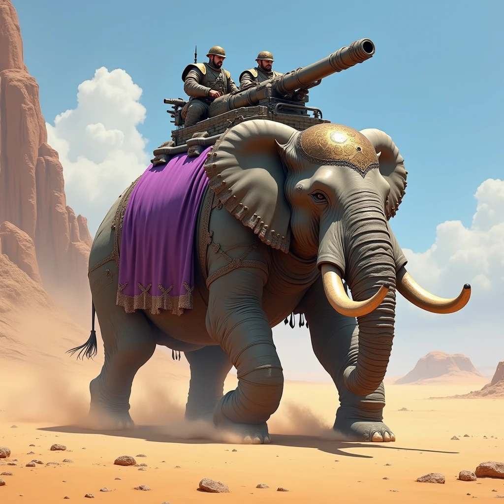 Give me the image of a war elephant, she had a cannon up, manned by two men, The elephant is wearing armor and a kind of purple blanket., He is walking through a desert, photorealist