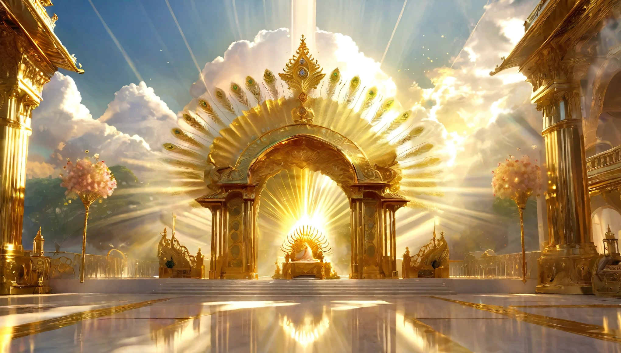 Very beautiful photo of a golden peacock、A dazzling light that paints everything in gold、god々area、Digital Art, The clouds clear and the shining sun appears, On Ascension Day,Golden Sun、Sky City、god々Utopian、There is one relic。Lens flare、Angel Ladder、Super Detail,Highest quality,masterpiece,(32K),Very detailed,A wonderful work of art,The picture is clear,Golden light on background, Angels who are the sons of God presents themselves before the Lord. Straight path like transparent golden crystal, long white table with many chairs on each side and at the end a large golden throne with rays and flowers on each side of the path, rose, buildings with Mo the golden transparent glass, war angels on the sides with lots of light. 32K UH, detailed, High resolution, Hyperrealistic, Style Raw, masterpiece.