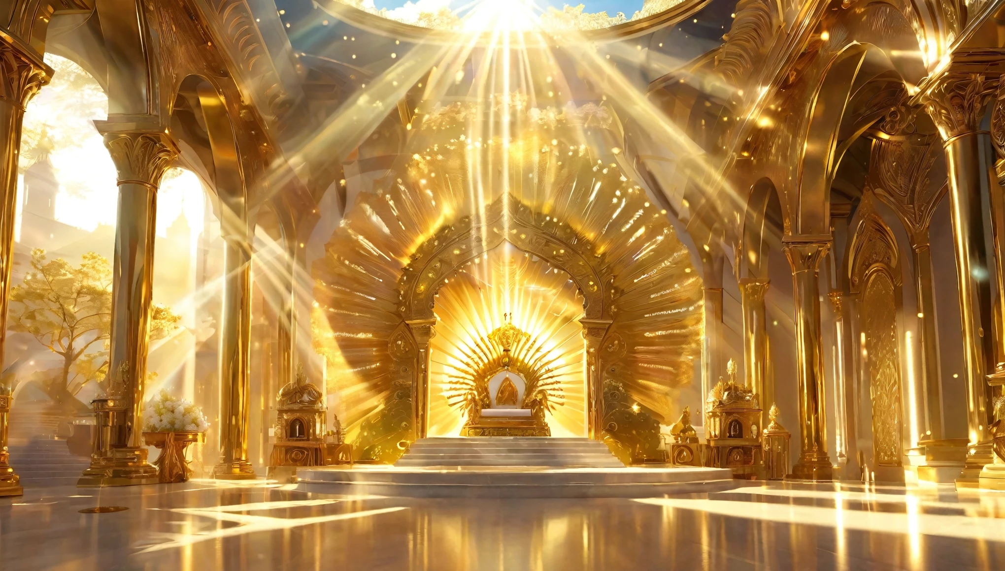 Very beautiful photo of a golden peacock、A dazzling light that paints everything in gold、god々area、Digital Art, The clouds clear and the shining sun appears, On Ascension Day,Golden Sun、Sky City、god々Utopian、There is one relic。Lens flare、Angel Ladder、Super Detail,Highest quality,masterpiece,(32K),Very detailed,A wonderful work of art,The picture is clear,Golden light on background, Angels who are the sons of God presents themselves before the Lord. Straight path like transparent golden crystal, long white table with many chairs on each side and at the end a large golden throne with rays and flowers on each side of the path, rose, buildings with Mo the golden transparent glass, war angels on the sides with lots of light. 32K UH, detailed, High resolution, Hyperrealistic, Style Raw, masterpiece.