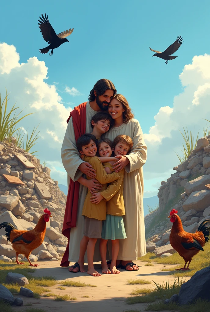 Have dinner with an image of Jesus embracing a family consisting of a man and his wife along with three children, two boys and a , and another man who is Jesus. , in a landfill setting with chickens, dog and two cats and in the sky a blue sky with 3 crows flying over it