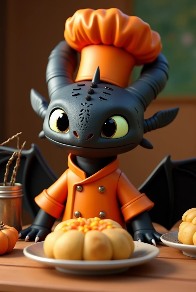 Toothless dragon from the movie training your dragon with a cheerful orange chef&#39;s outfit with stuffed potato and tucumanas on the table