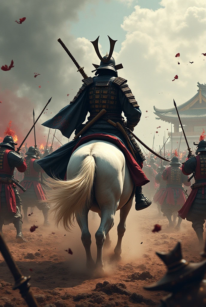 Japanese samurai Oda Nobunaga carrying a long Japanese sword on his shoulder、Beautiful samurai helmet, Samurai Armor, Samurai shin guards, Samurai Armguard, He carries a bow and quiver on his back, And lots of blood,He is riding a powerful white horse through the battlefield., Gunfire is raging all around him., And the enemy's arrows rain down, In front of him, Evil Samurai galore with hordes of enemies, And in the middle of the crowd is a shogun samurai who gives off a dark aura., A very rough view of the battlefield from behind.々New photos,Rear view, landscape, Dynamic Angle, Dynamic pose, At Honnoji Temple in Japan