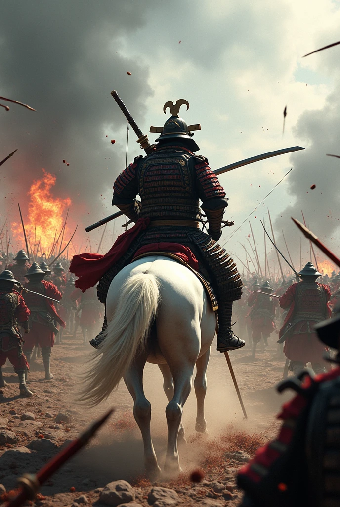 Japanese samurai Oda Nobunaga carrying a long Japanese sword on his shoulder、Beautiful samurai helmet, Samurai Armor, Samurai shin guards, Samurai Armguard, He carries a bow and quiver on his back, And lots of blood,He is riding a powerful white horse through the battlefield., Gunfire is raging all around him., And the enemy's arrows rain down, In front of him, Evil Samurai galore with hordes of enemies, And in the middle of the crowd is a shogun samurai who gives off a dark aura., A very rough view of the battlefield from behind.々New photos,Rear view, landscape, Dynamic Angle, Dynamic pose, At Honnoji Temple in Japan