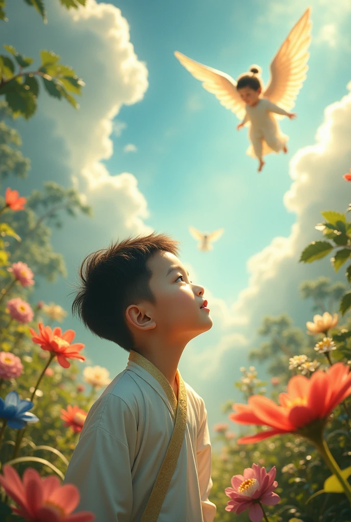 (photorealism:1.2) ( masterpiece ) ( highly detailed) a amazing Young chineses boy with garden , and Angels in sky clouds realism , 8k , HD.