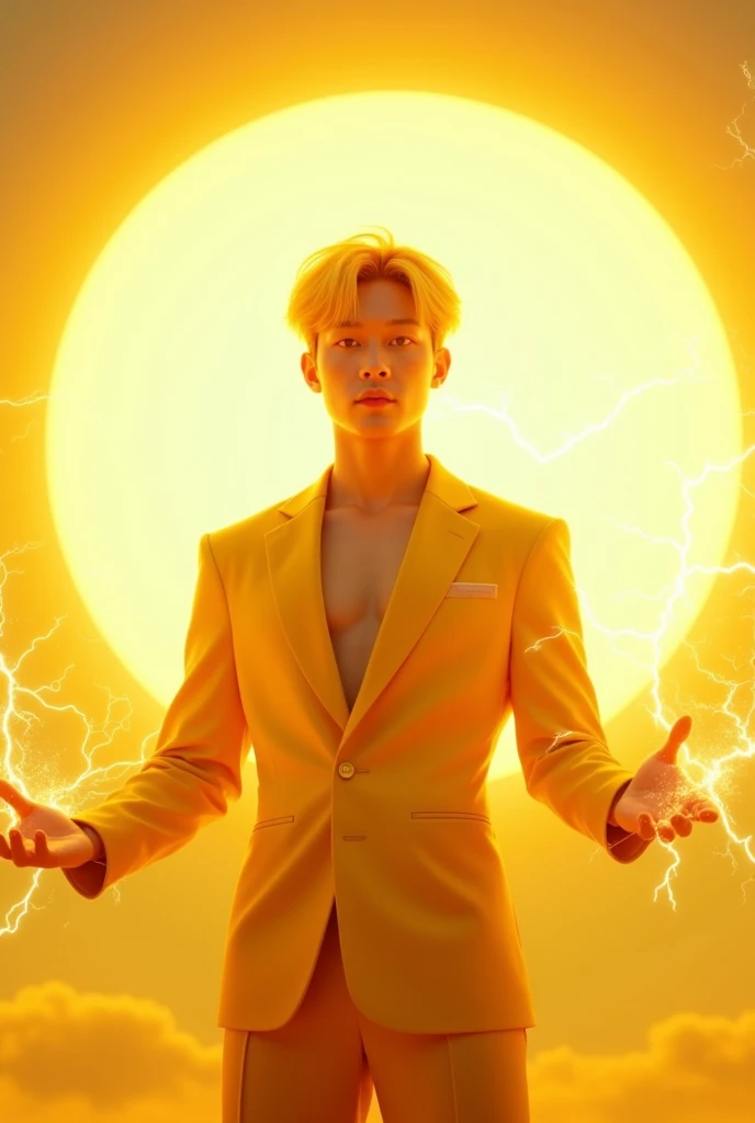 A young beautiful Korean man with bright blonde hair a smooth skin and bright yellow eyes. He stand in front of the sun in a bright light, wearing a yellow outfit, he control the lightning and light
