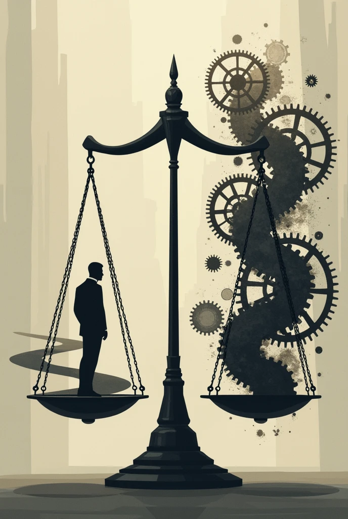 Create an image that symbolizes the conflict between free will and determinism. For example, you can use a scale where one side represents freedom (maybe with a person or an open road) and the other side represents determinism (like gears or a fixed path).