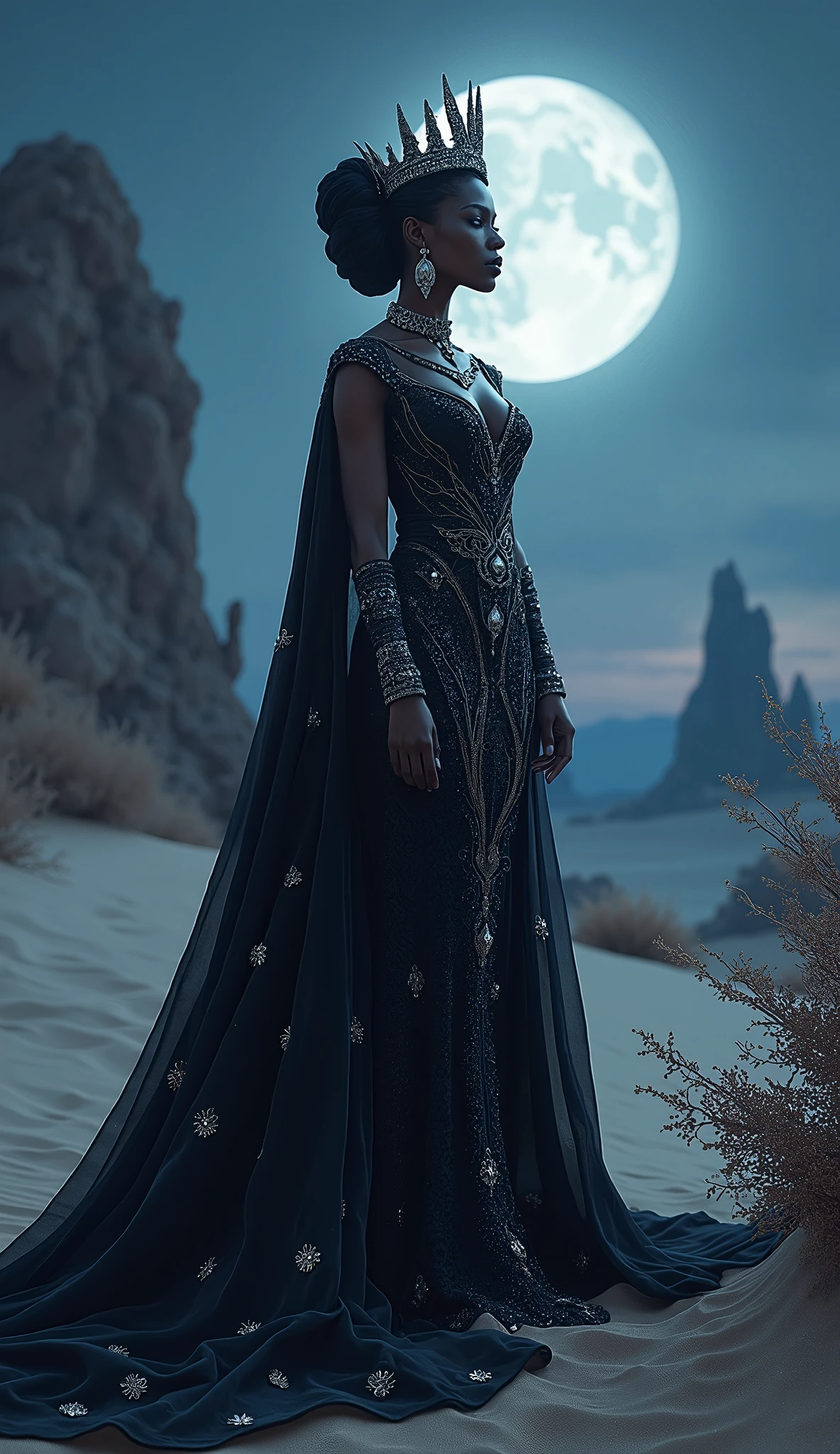 black woman model in queen attire in an enchanted dessert at midnight with the moon shining"