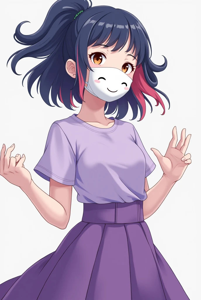 A white girl, with short hair, shoulder length, with a navy wavy pigtail, with the color of the reddish hair, with an outfit, the light purple sling-sleeved t-shirt and a high-waisted skirt in a slightly darker purple color with white details, and with a mask that covers the entire face, with the white color, the detail is that the mask has a happy face, the eyes and mouth will be black, and don&#39;t forget that the mouth and eyes are closed in the mask