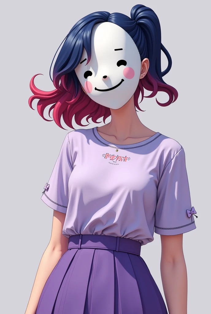 A white girl, with short hair, shoulder length, with a navy wavy pigtail, with the color of the reddish hair, with an outfit, the light purple sling-sleeved t-shirt and a high-waisted skirt in a slightly darker purple color with white details, and with a mask that covers the entire face, with the white color, the detail is that the mask has a happy face, the eyes and mouth will be black, and don&#39;t forget that the mouth and eyes are closed in the mask