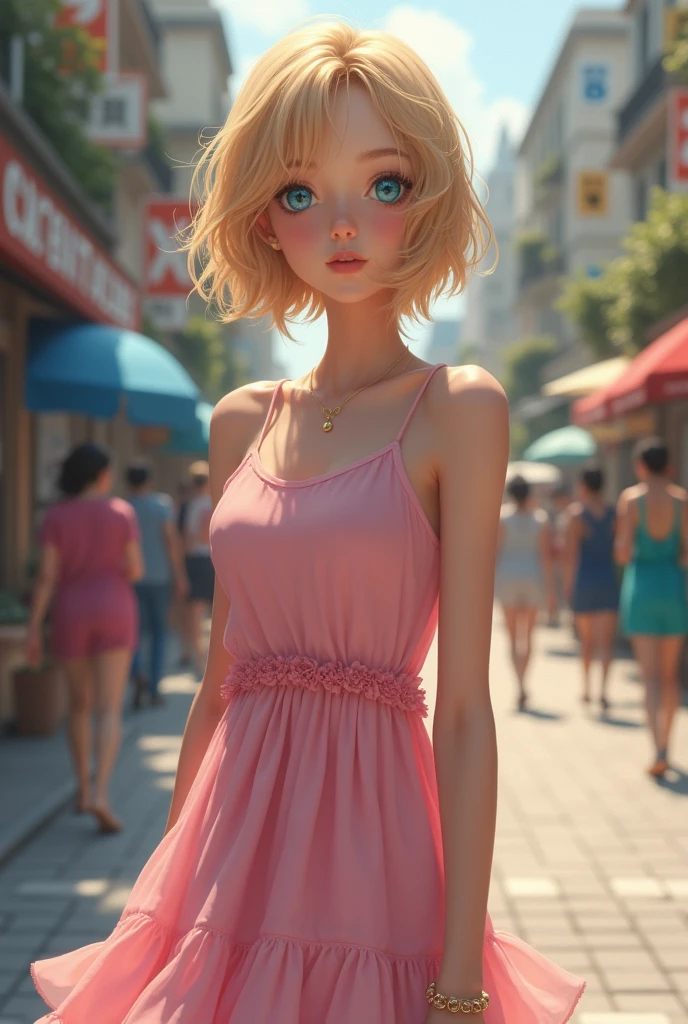 a girl, I took blonde, short hair to the
neck height, tall blue eyes, wears a pink dress with shoulder straps, walking in de street, full body, frontal view, Close-up