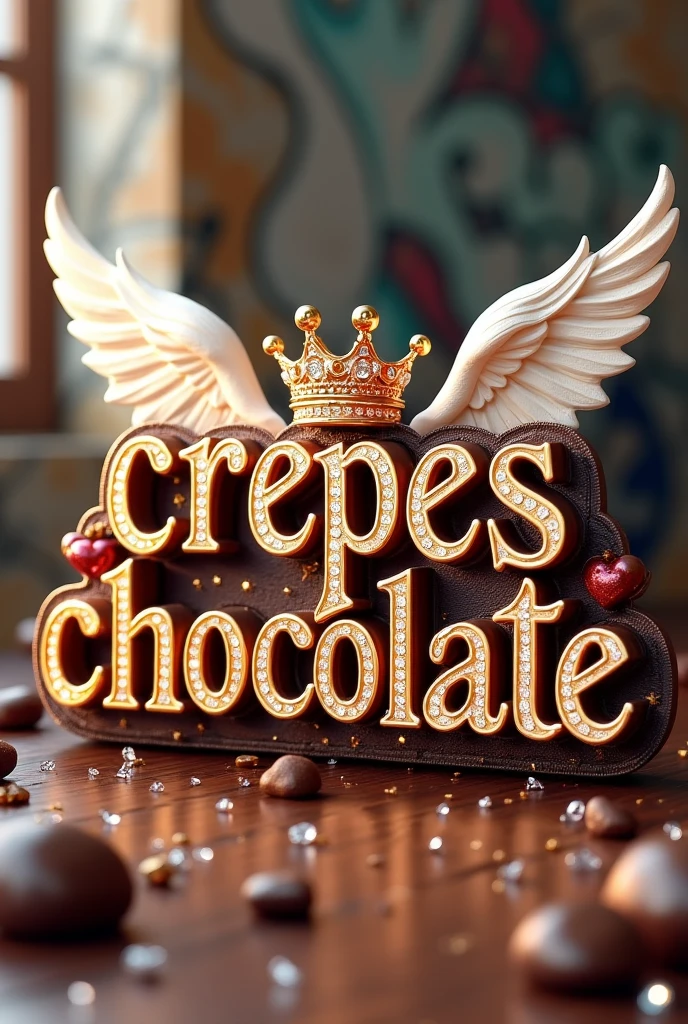 crepes chocolat 3D typography with the name.
"VG" with an elegant crown and fine diamonds with sparkles of bright colors and angel wings, photo, typography, vibrantv0.1, graffiti, illustration, photo, product, good, 3d render, typography